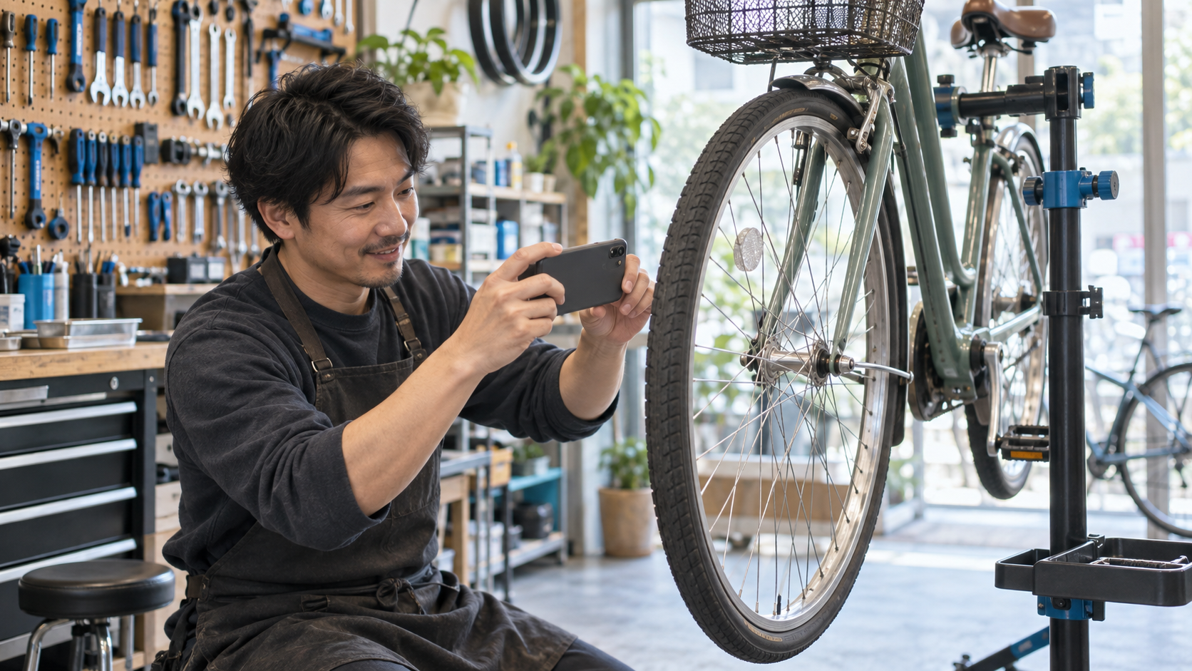 自転車店の整備スタッフが修理台に固定した自転車の車輪をスマートフォンで撮影する様子