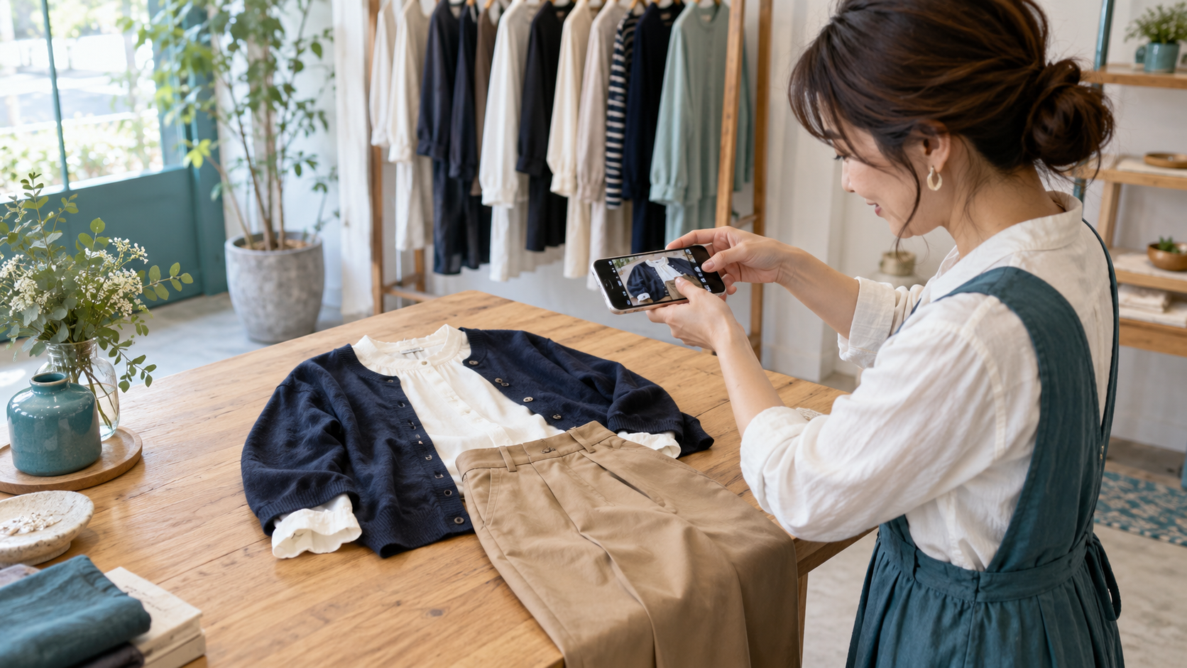 アパレル店の店主がテーブルに並べた服の組み合わせをスマートフォンで撮影する様子