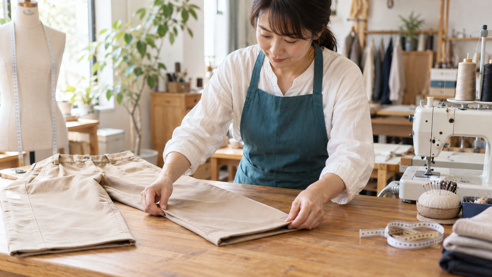洋服お直し店のスタッフが作業台でパンツの裾を確認している様子