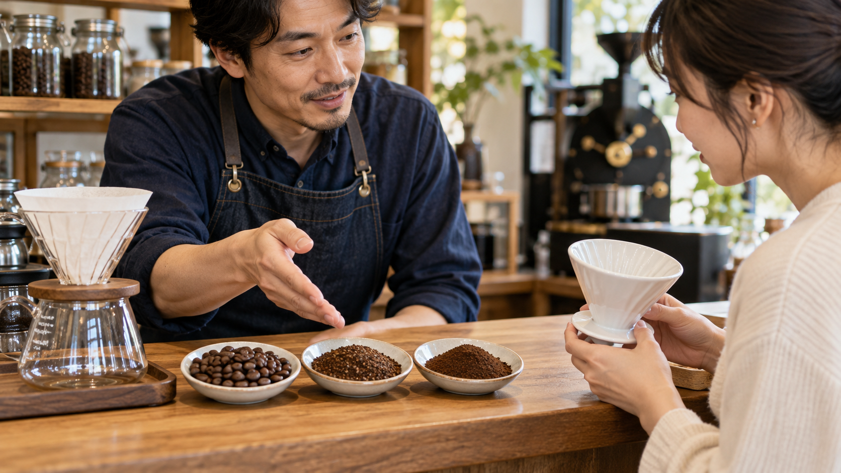 コーヒー豆店のカウンターで豆と挽いた粉の見本を並べ、ドリッパーを持つ客に店員が案内する様子