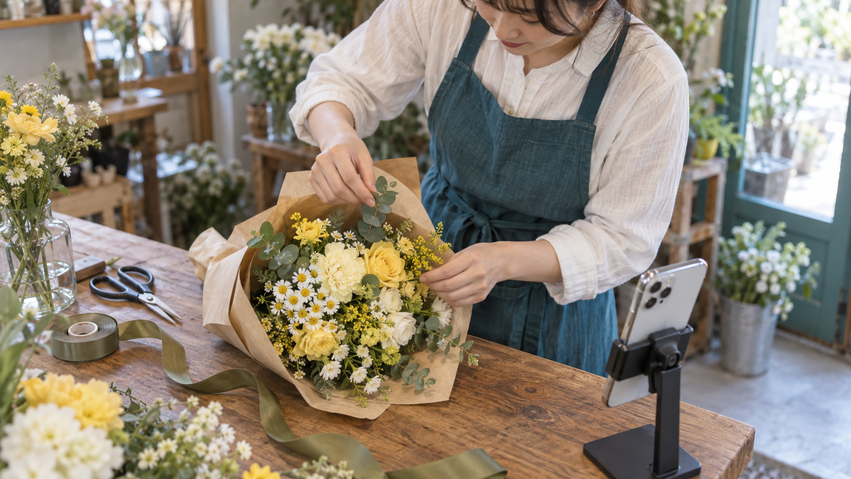 花屋の作業台で黄色と白の花束を整え、スマートフォンで撮影する準備をしている手元