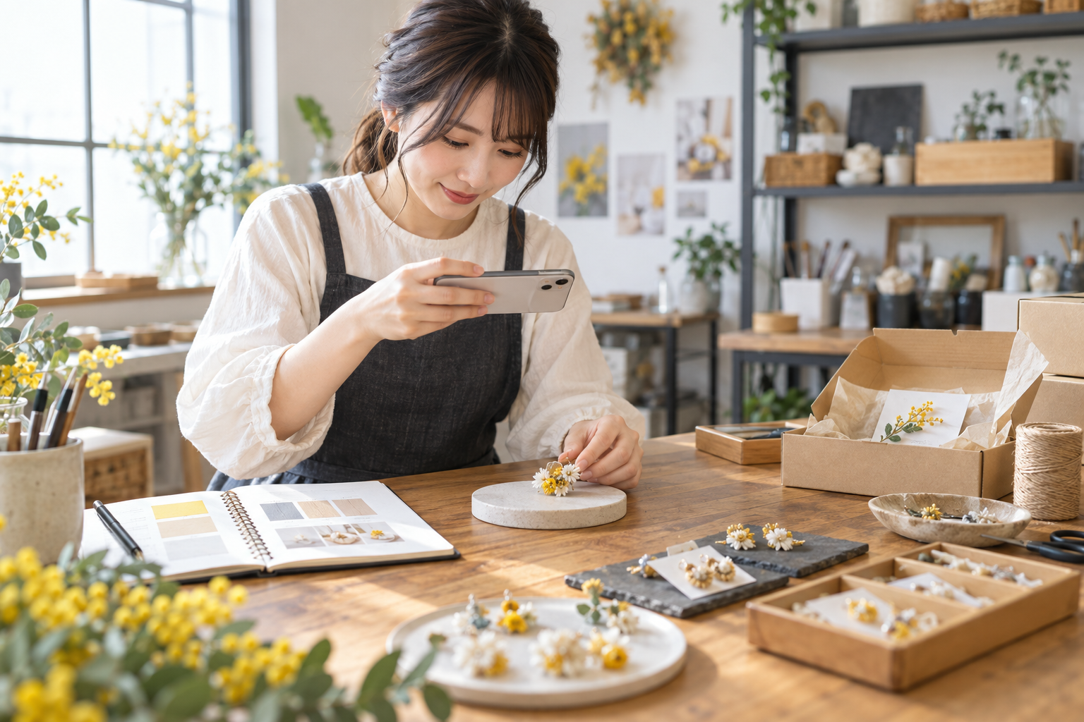 ハンドメイド作家が作品を撮影しInstagram投稿を準備する様子