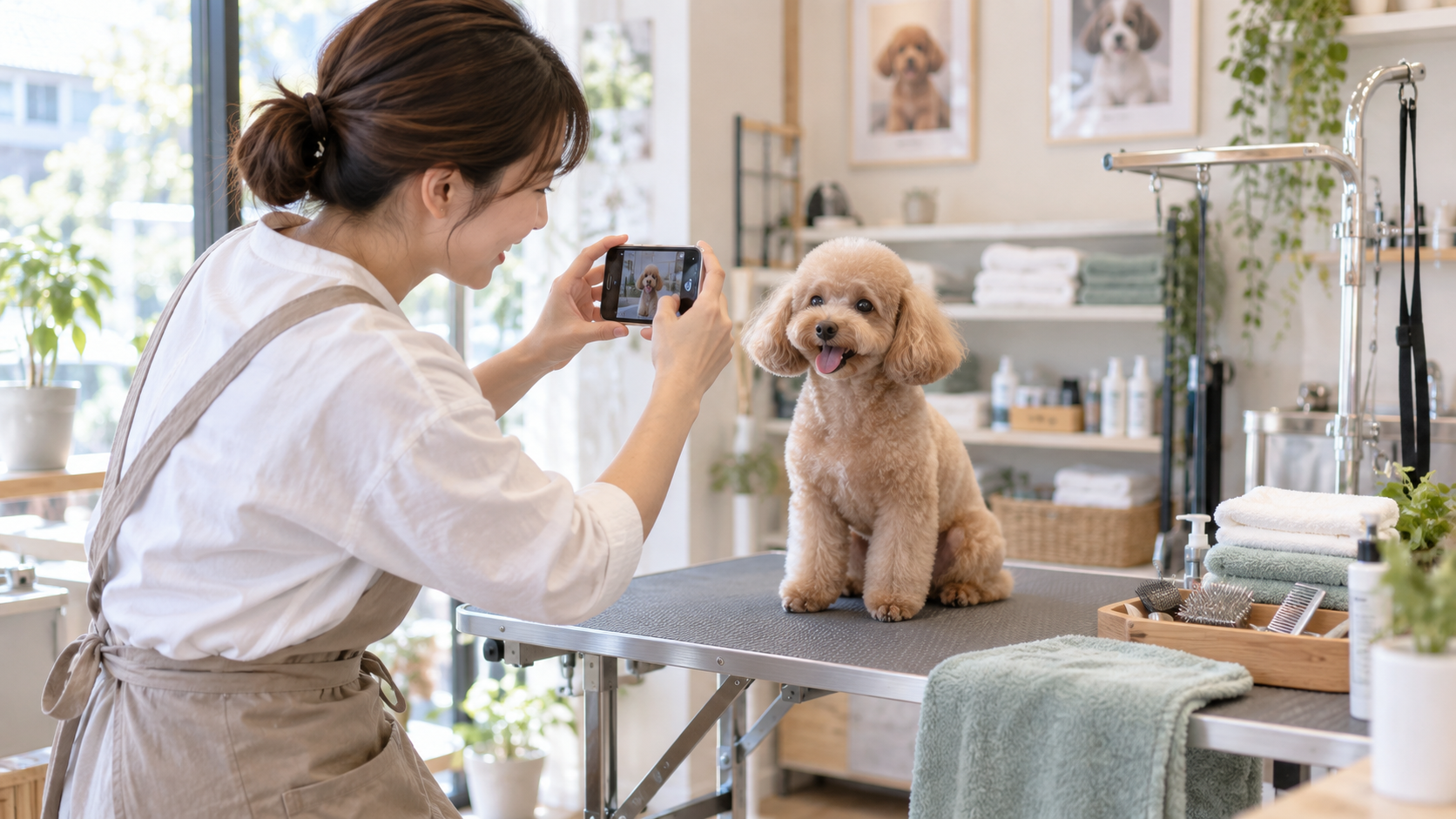 小さなトリミングサロンのスタッフが施術後の犬をスマートフォンで撮影しInstagram投稿を準備する様子
