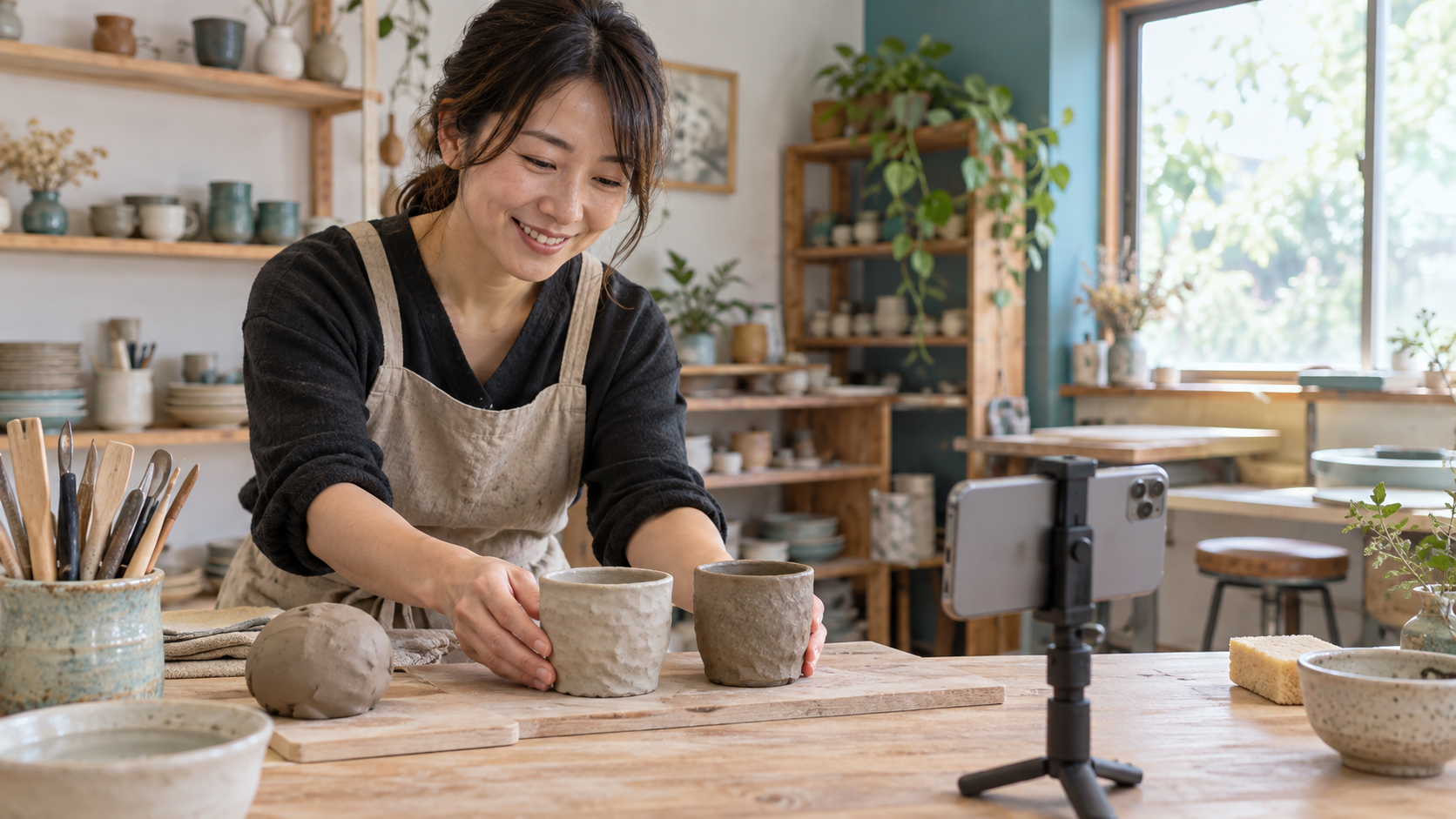陶芸教室の講師が手びねりのカップと粘土を作業台に並べ、スマートフォンで撮影する準備をする様子