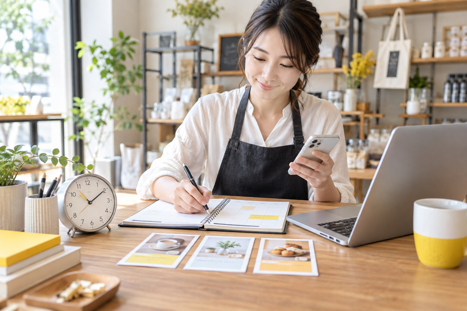 小さなお店の店主が時計と週間手帳を使いSNS投稿をまとめて準備する様子