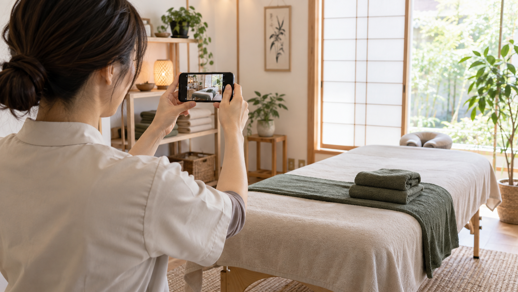 小さな整体院の施術者が清潔な施術室をスマートフォンで撮影しInstagram投稿を準備する様子