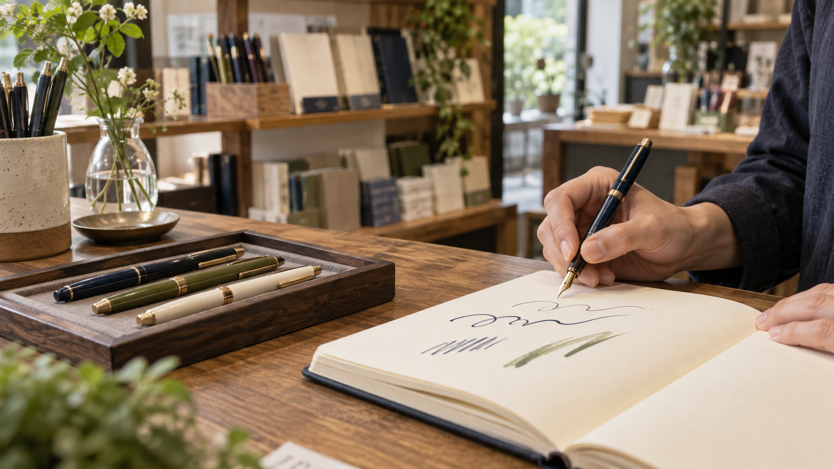 文具店の木製カウンターで、トレーに並んだペンを見ながらノートに試し書きをする手元
