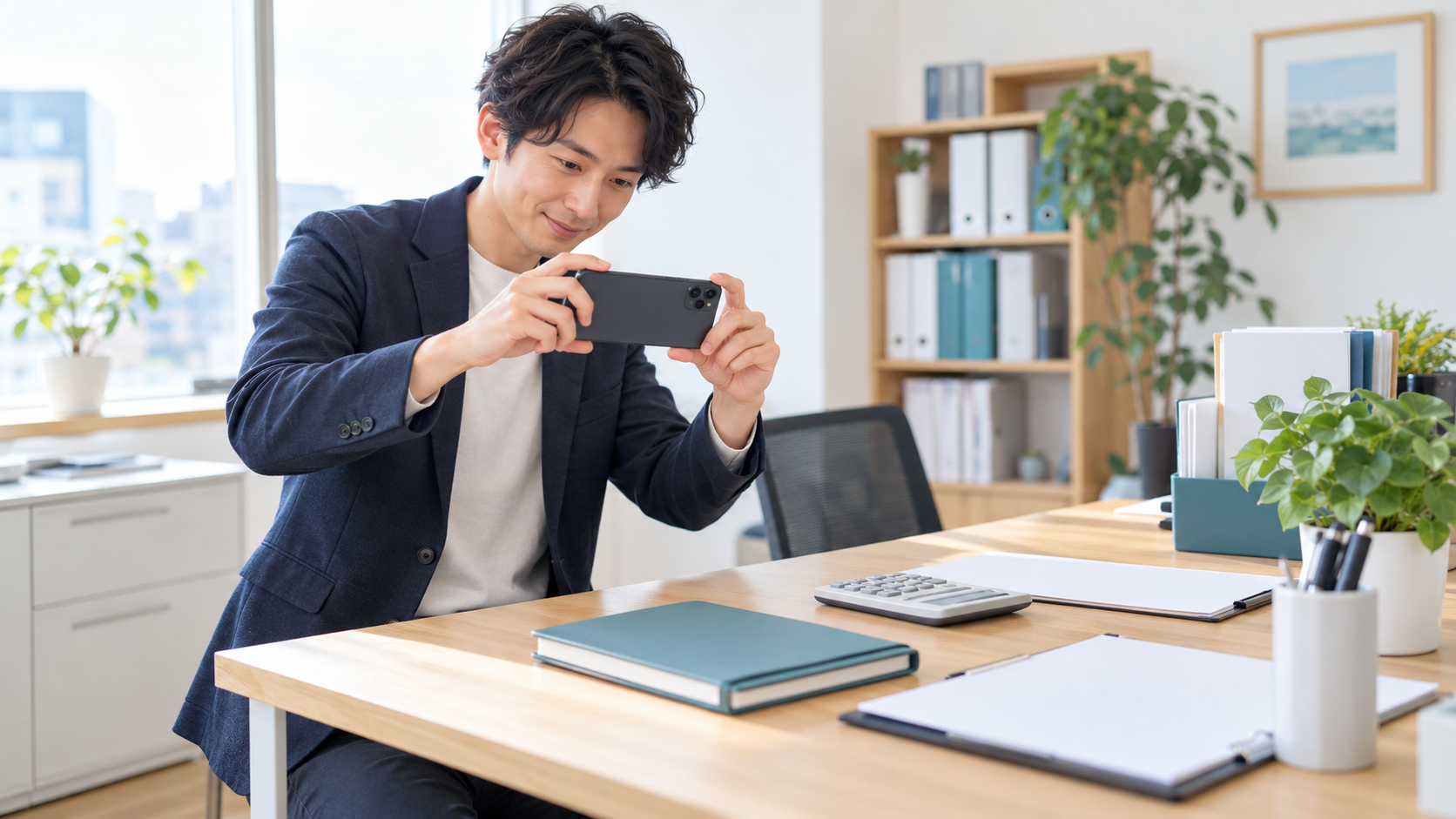 小さな税理士事務所の税理士が相談机をスマートフォンで撮影しInstagram投稿を準備する様子
