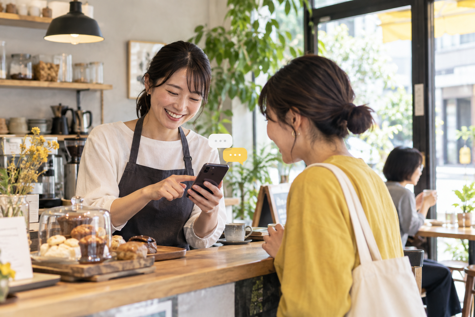 カフェの店主がスマートフォンを使いお客様との会話を楽しみながらThreadsで発信する様子