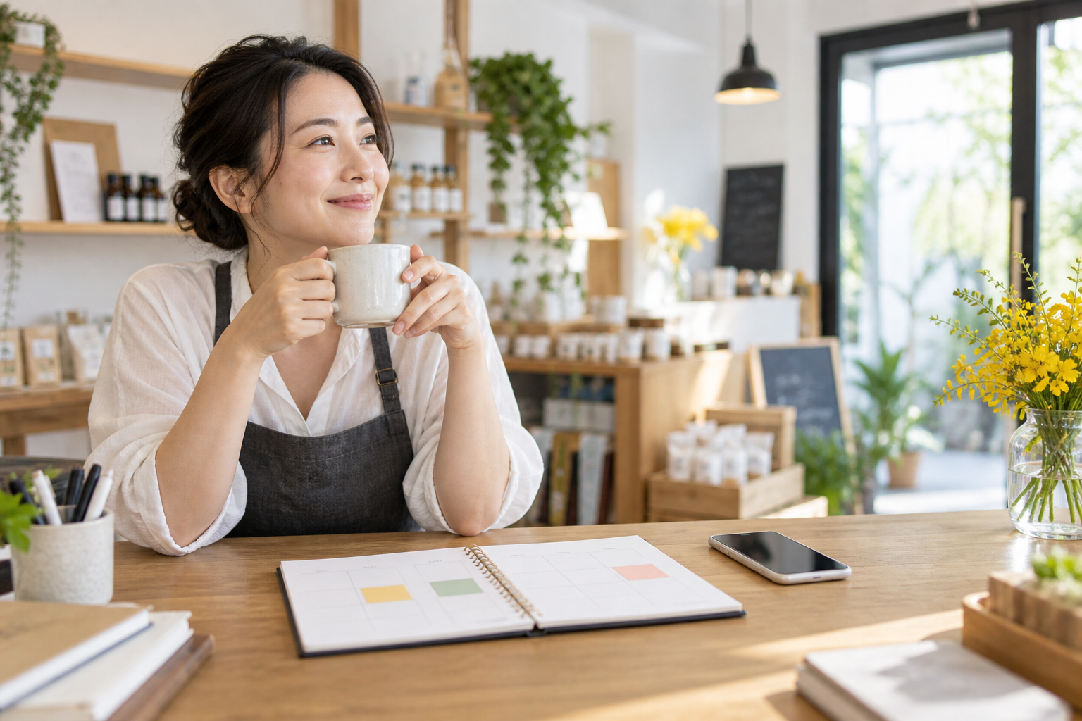 小さなお店の店主が週3回の投稿予定を記した手帳の前で落ち着いて休憩する様子