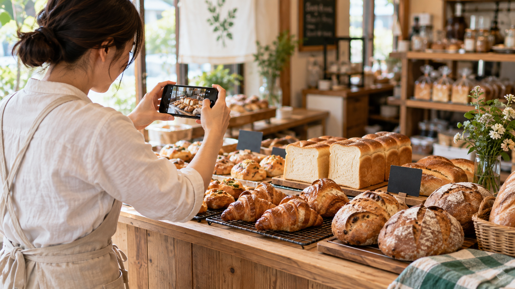 小さなパン屋の店主が焼きたてのパンをスマートフォンで撮影しInstagram投稿を準備する様子
