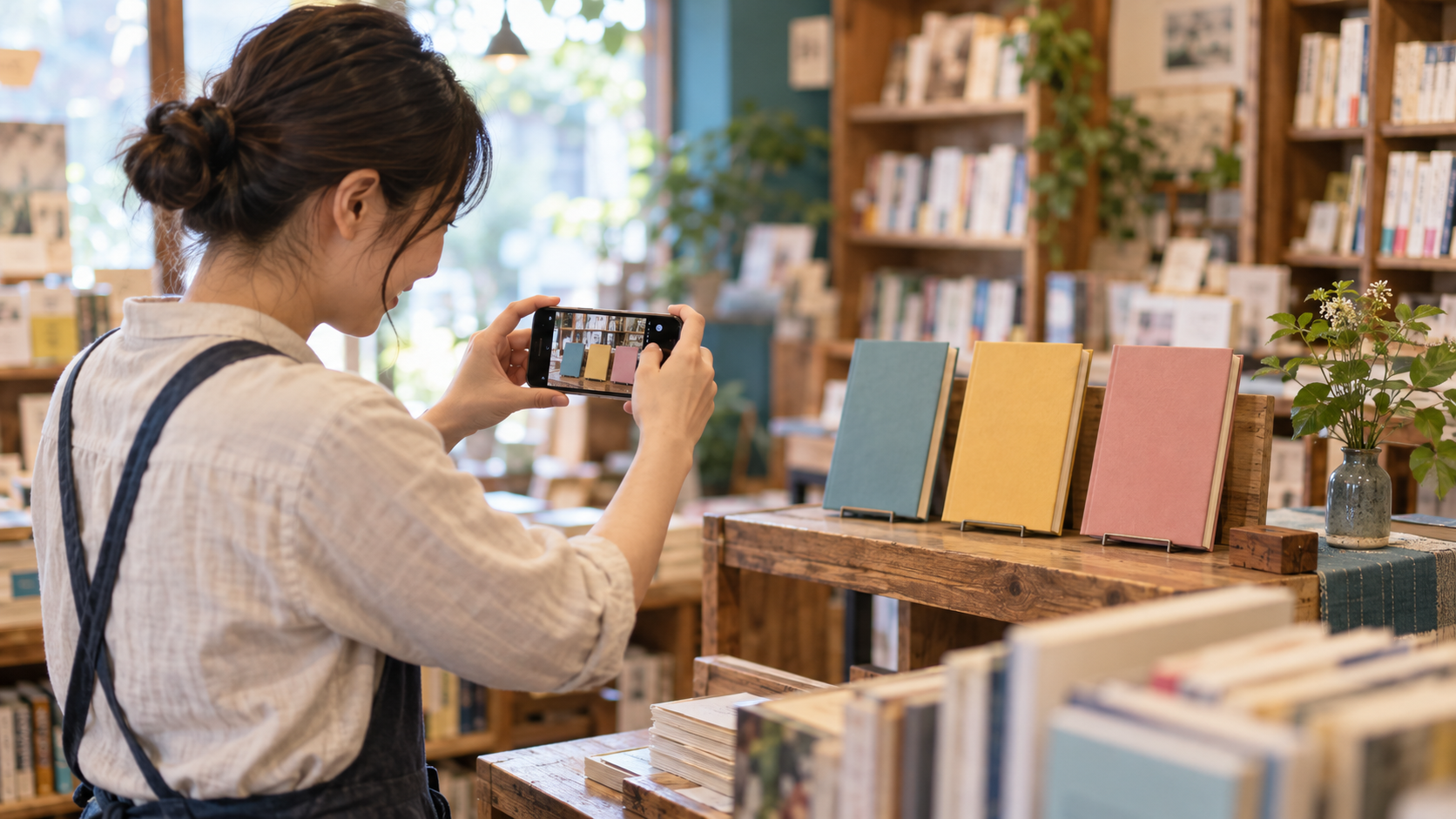 小さな本屋の店主が店頭に並べた本をスマートフォンで撮影する様子