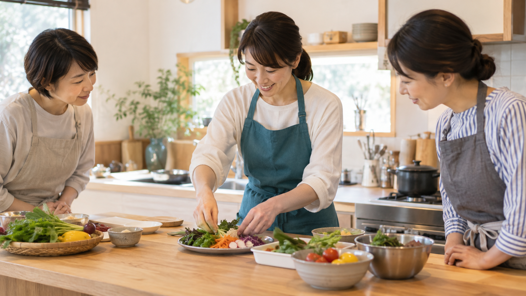 明るい料理教室で講師が調理台の野菜を使って大人の参加者に説明する様子