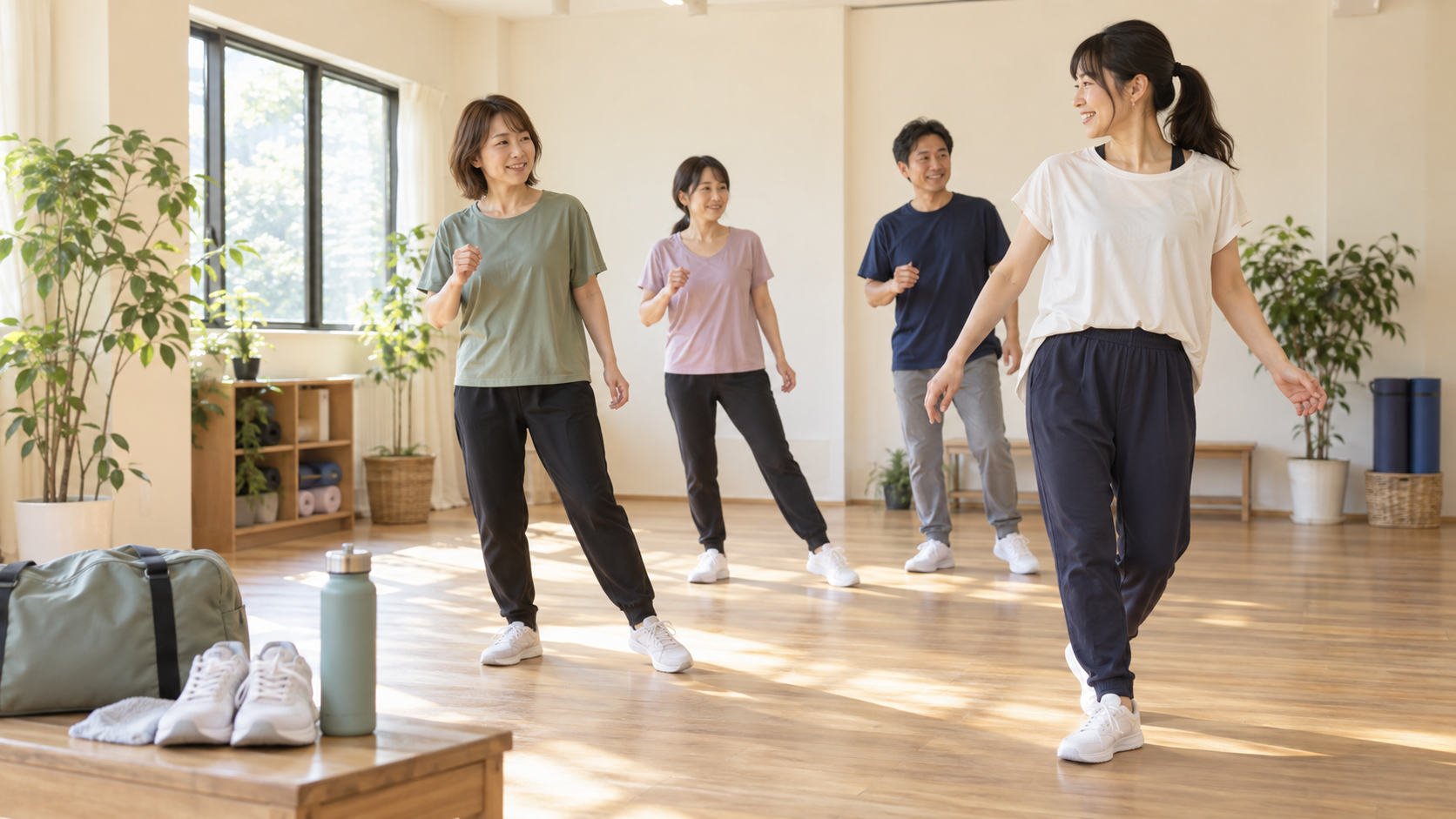 明るいダンススタジオで講師と大人の初心者がステップを練習し、手前に室内履きや飲み物を並べた様子