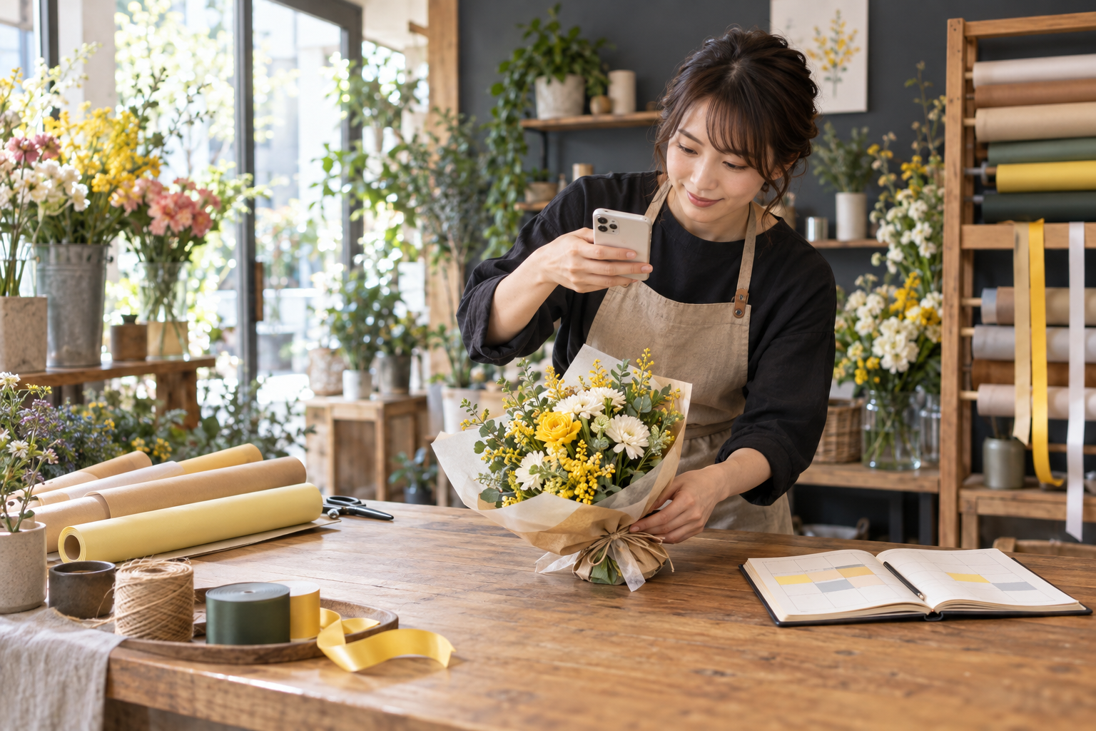 小さな花屋の店主が花束を撮影しInstagram投稿を準備する様子