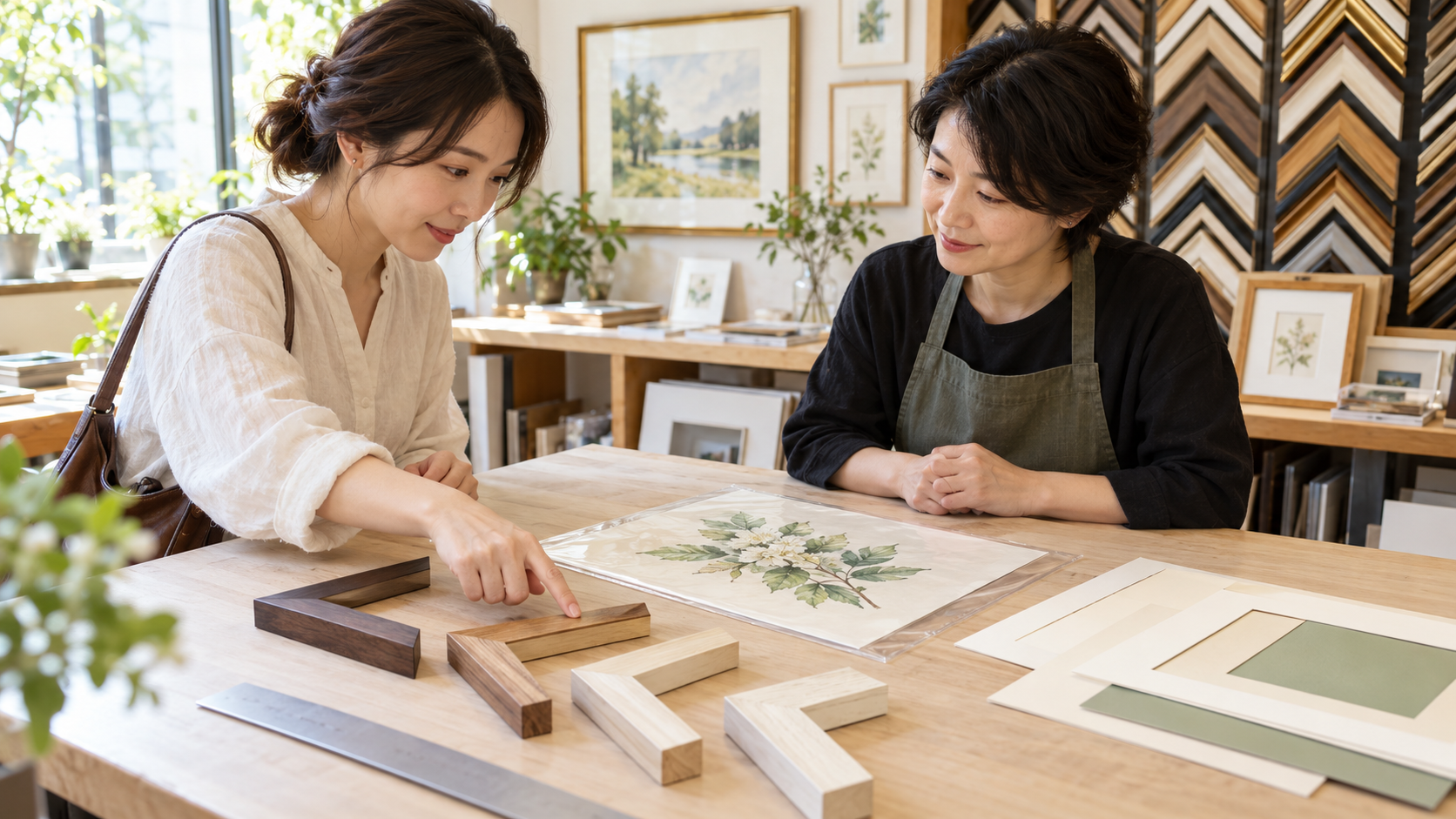 額縁店のテーブルで、保護袋に入れた植物画と木製フレームの角見本を並べて相談する店員と来店客