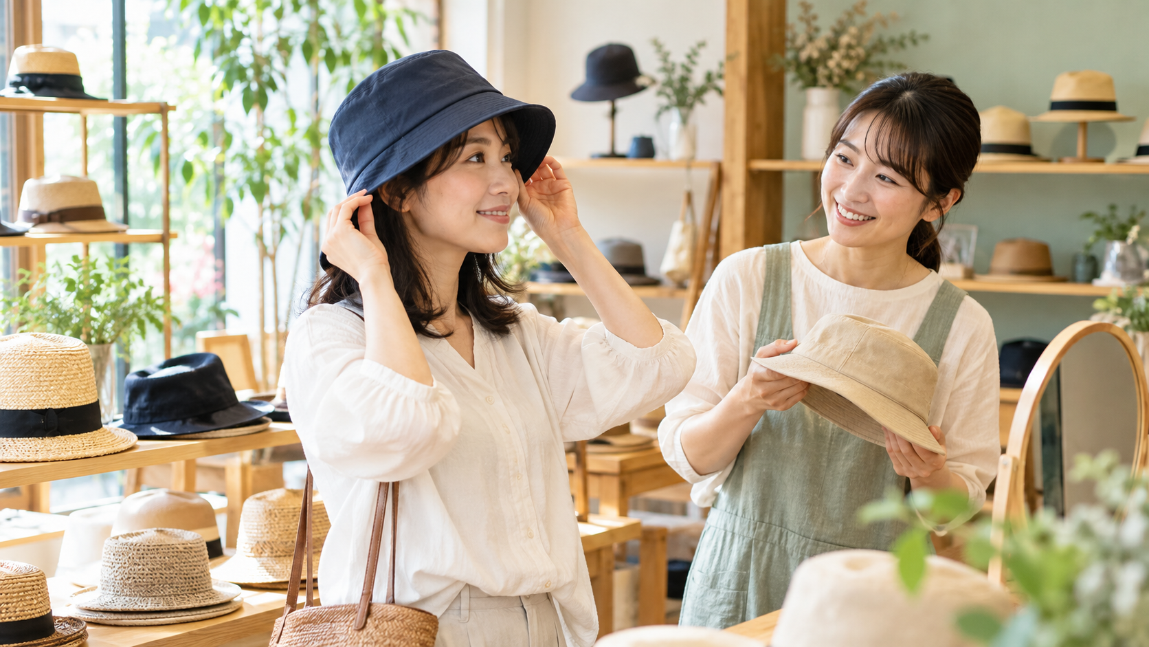 明るい帽子店で紺色の帽子を試着する来店客と、別の帽子を手に案内する店員のイメージ