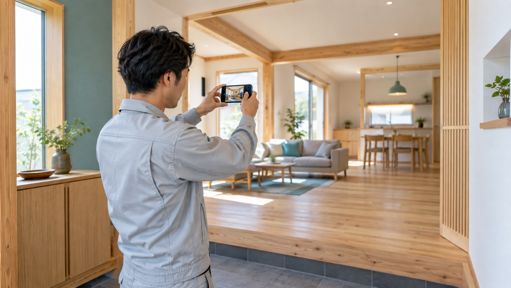 地域の工務店スタッフが完成した木の家の室内をスマートフォンで撮影する様子