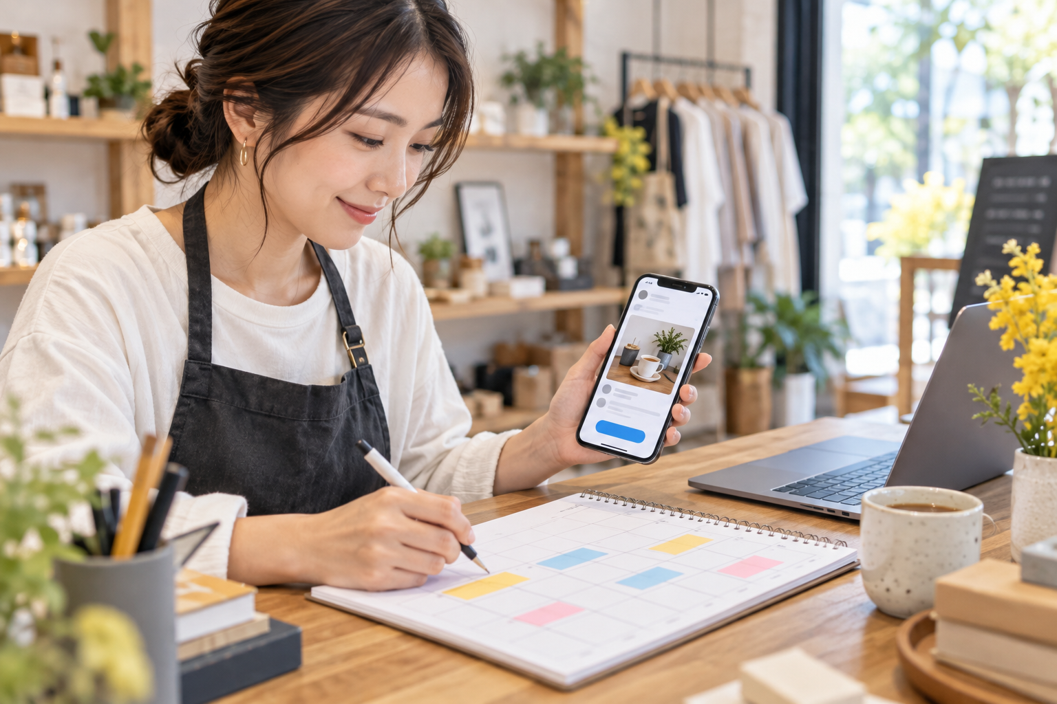 小さなお店でスマートフォンと週間カレンダーを使いInstagram投稿を予約する様子
