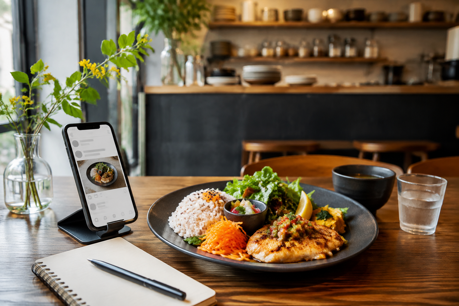 料理とSNS投稿画面を表示したスマートフォンが並ぶ飲食店のテーブル