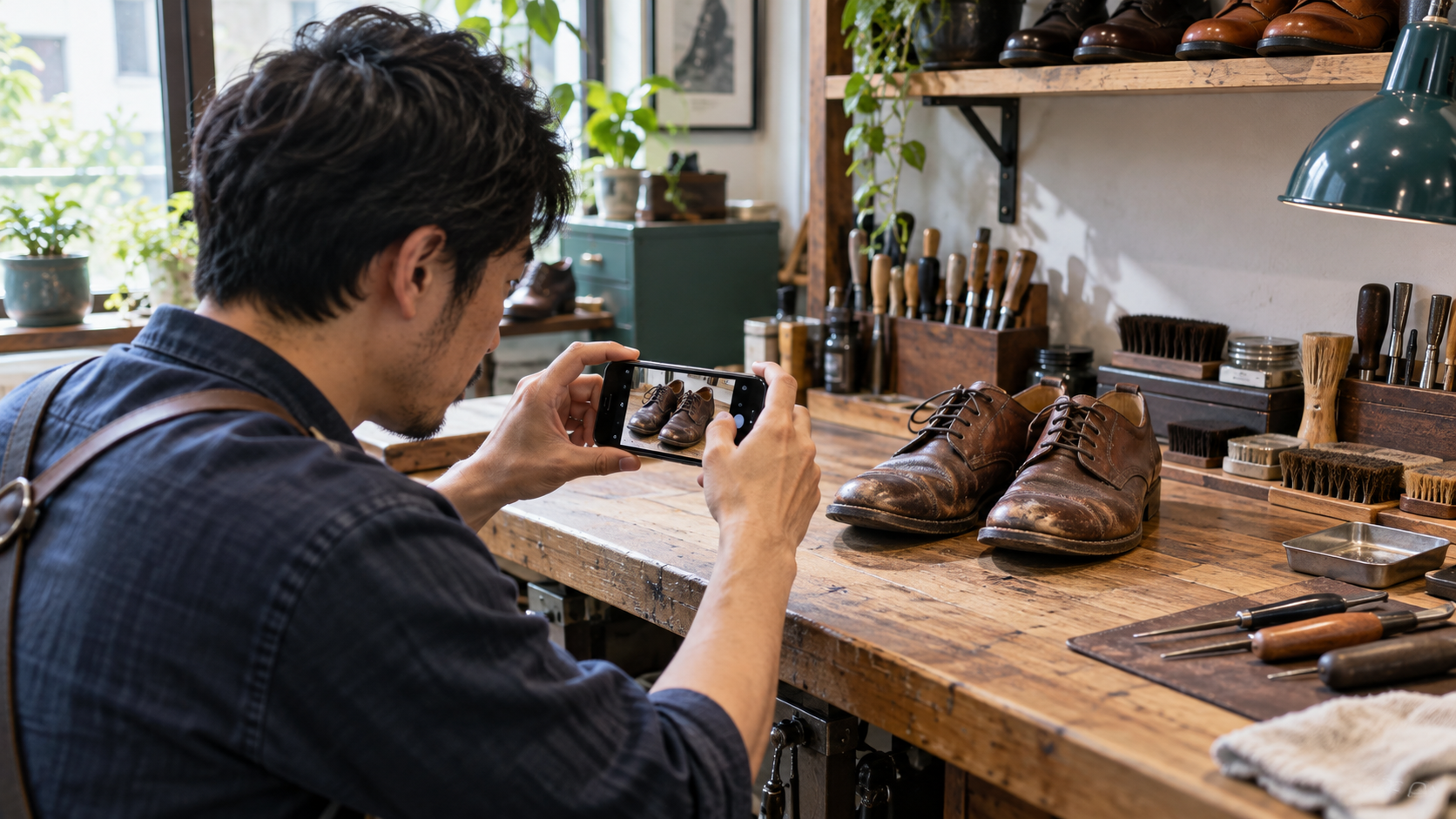 靴修理店の職人が作業台に並べた革靴をスマートフォンで撮影する様子