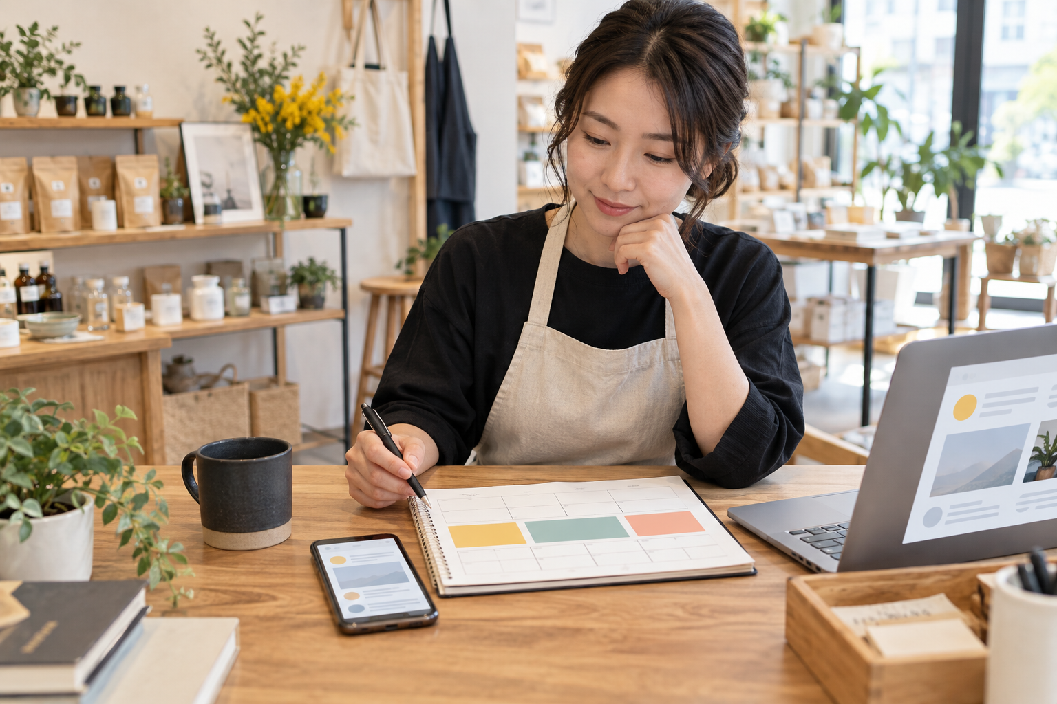 小さなお店の店主が週間カレンダーでSNSの投稿頻度を計画する様子