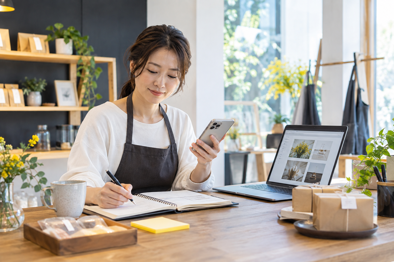 小さなお店のデスクでスマートフォンと手帳を使いSNS投稿を計画する個人事業主