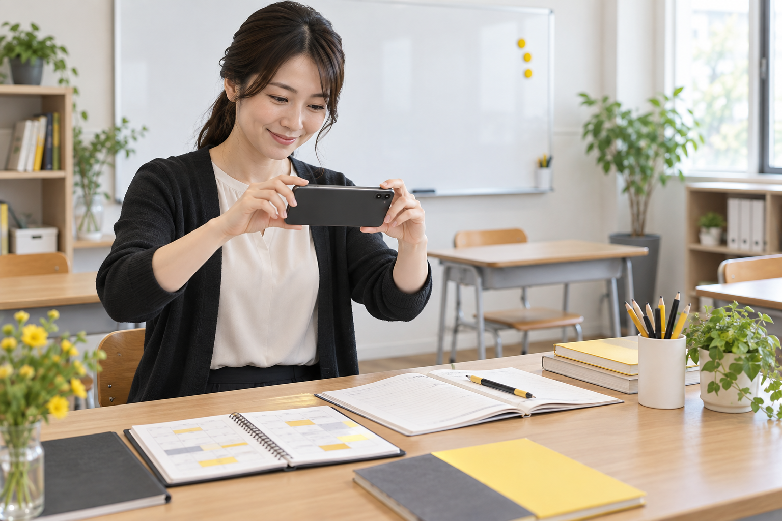 小さな学習塾の先生が教室と教材を撮影しInstagram投稿を準備する様子