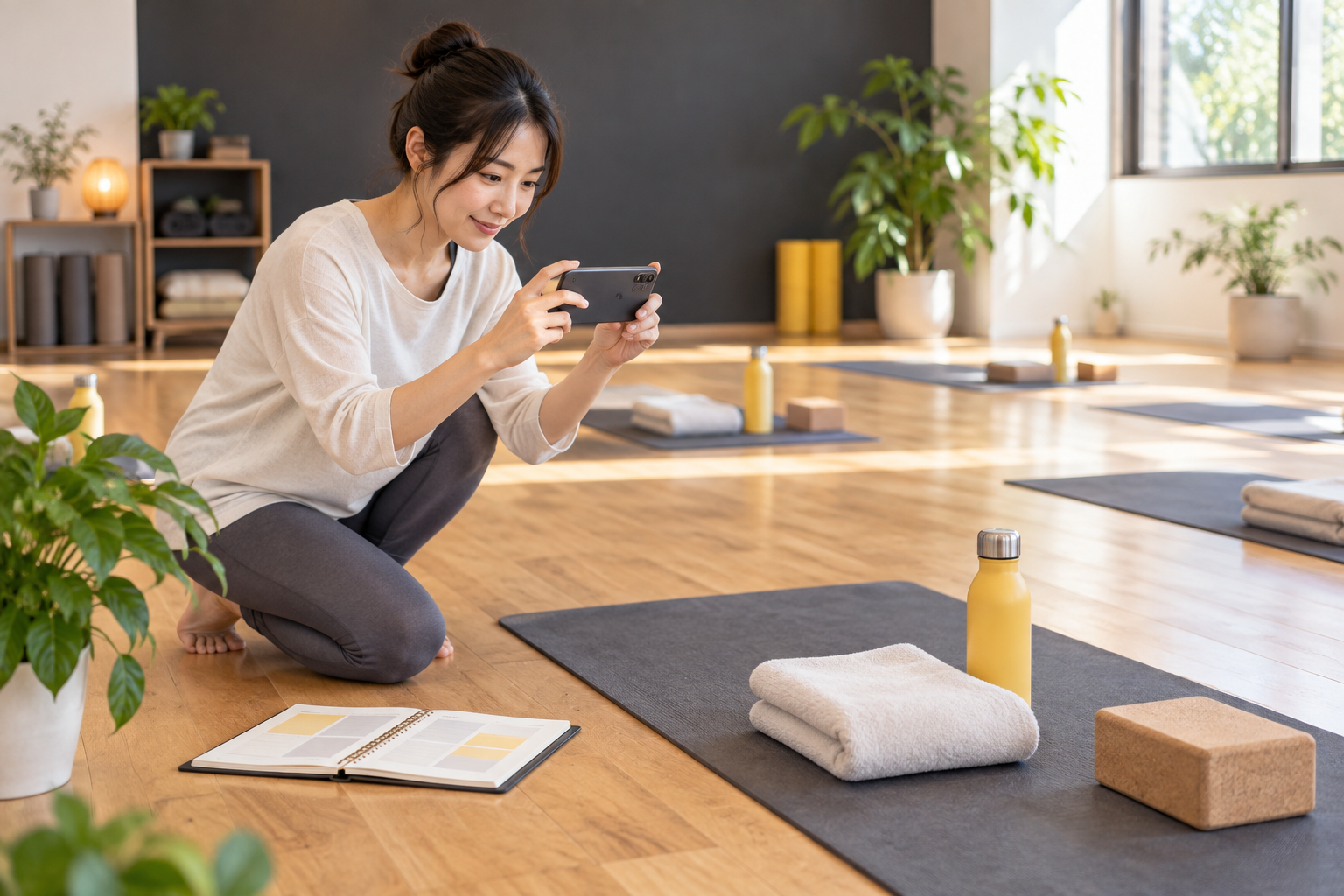 小さなヨガ教室の講師がレッスン用品を撮影しInstagram投稿を準備する様子